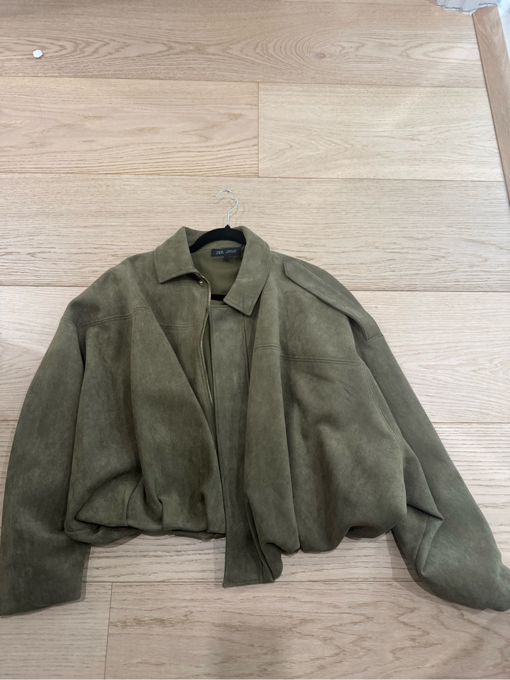 Zara Olive Green Suede Bomber Jacket - Women- worn once